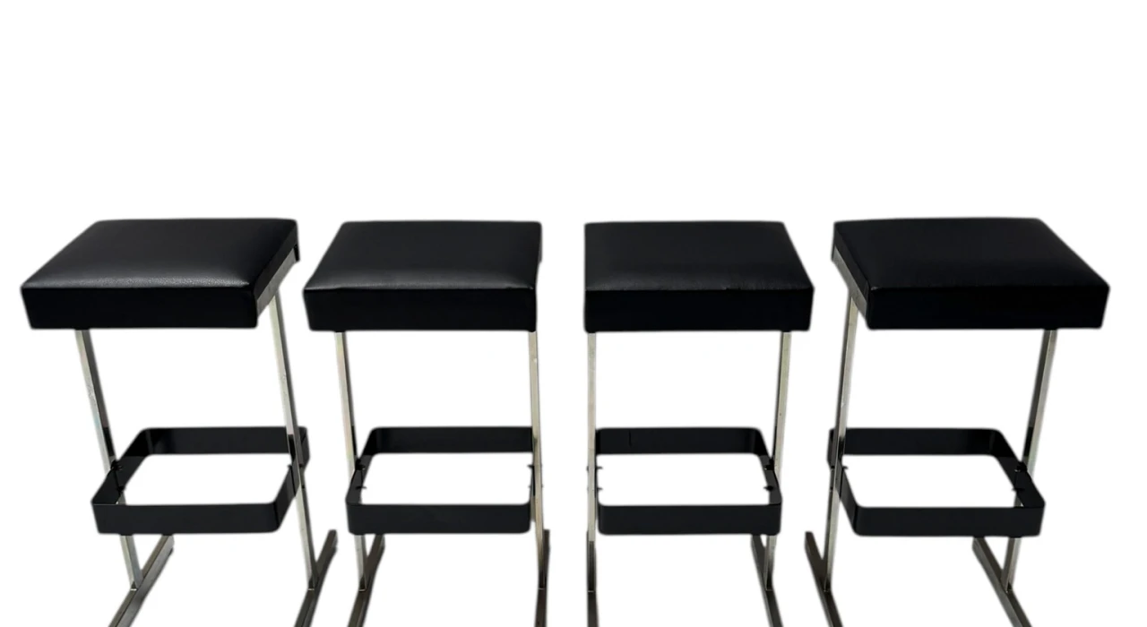 Four Mid-Century Modern Bar Stools with Black Leather Seats, 1970s